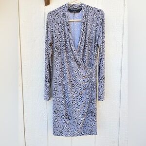 Norma Kamali Dress Size Large Faux Wrap Gray Leopard Animal Print Long Sleeve